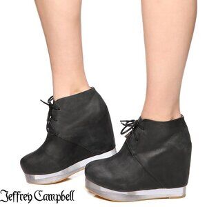 Jeffrey Campbell Alexis Black Leather Hidden Wedge Clear Platform Ankle Boots